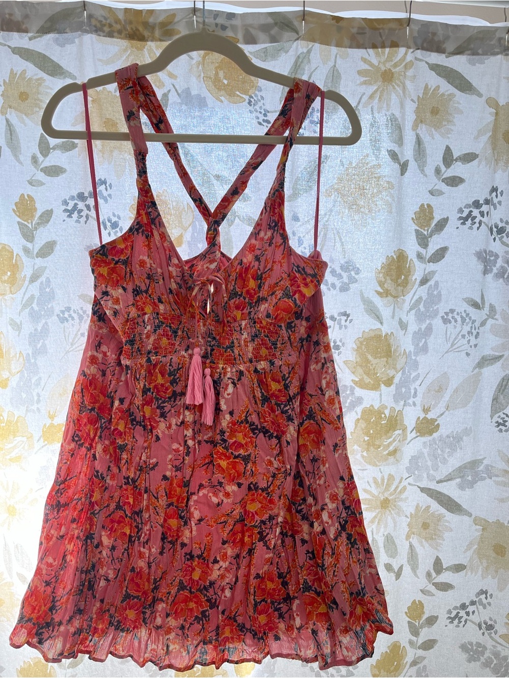 Free People Pink Floral Tassel Tie Dress